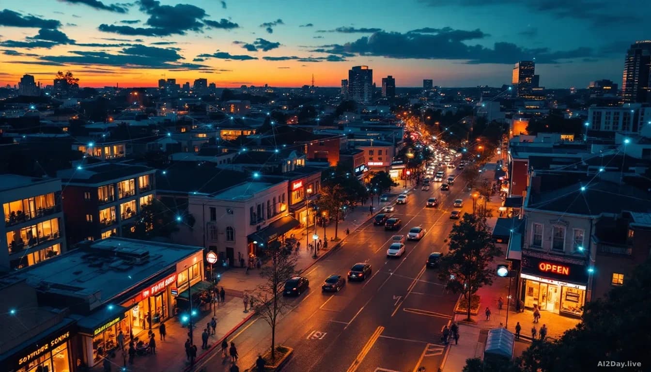 Aerial 16:9 view of a busy Australian high street at dusk, warm amber shopfront lights glowing against a deep blue evening sky, a mix of small independent shops