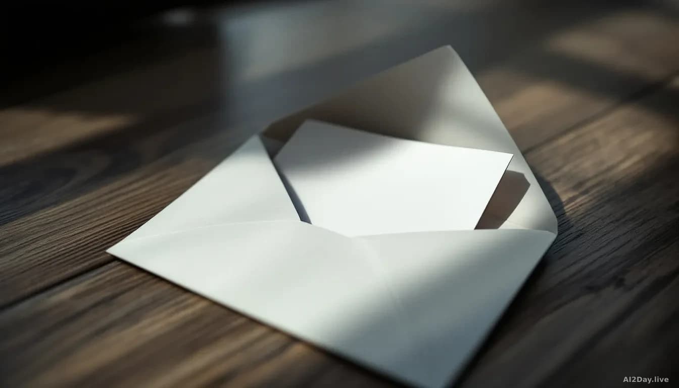 A plain official-looking envelope resting on a wooden desk, partially open, with a single folded letter visible inside