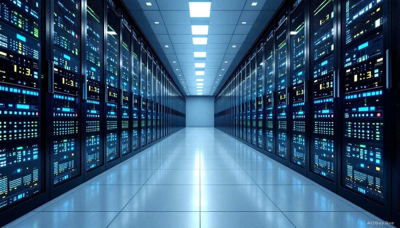 A large, modern data center with rows of servers, blue and green LED indicators, and a focus on security measures