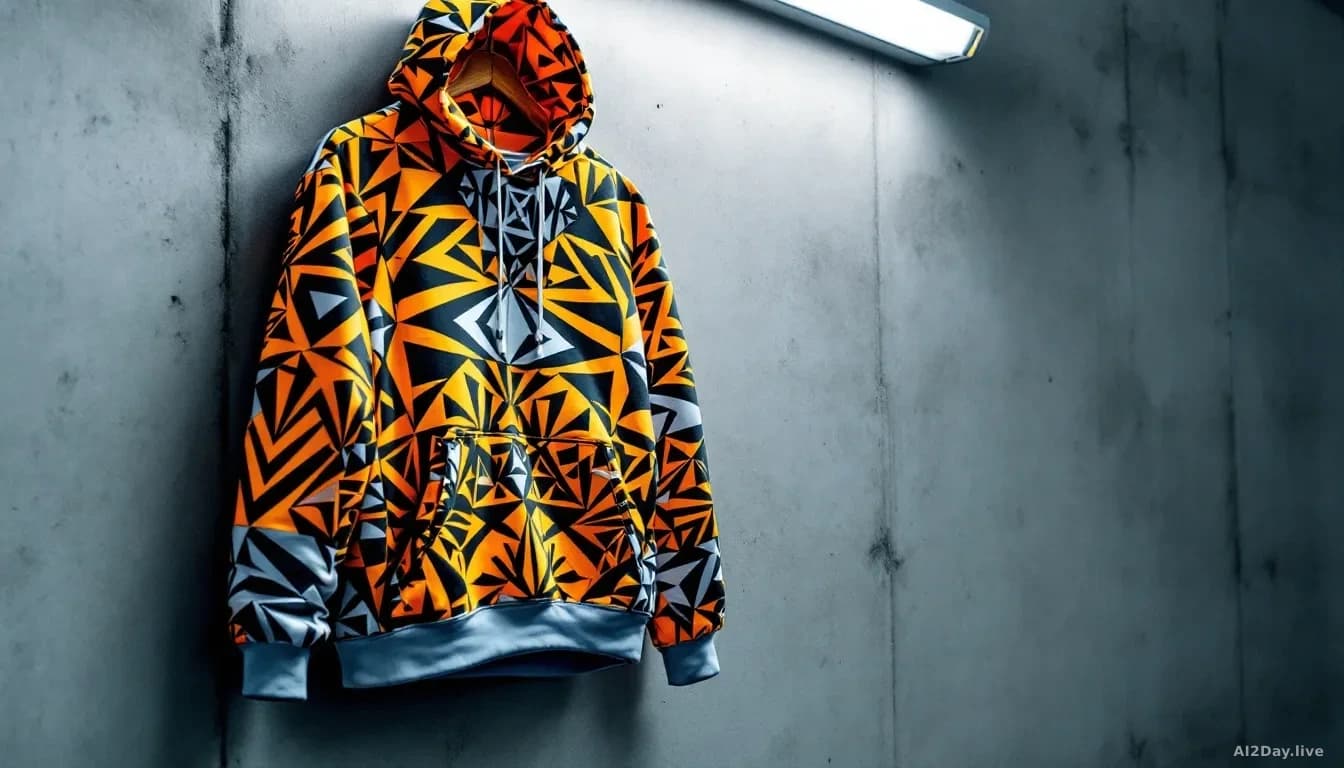 Close-up of a boldly patterned geometric hoodie hanging on a plain concrete wall under harsh fluorescent light, 16:9 framing, sharp detail on the repeating angu