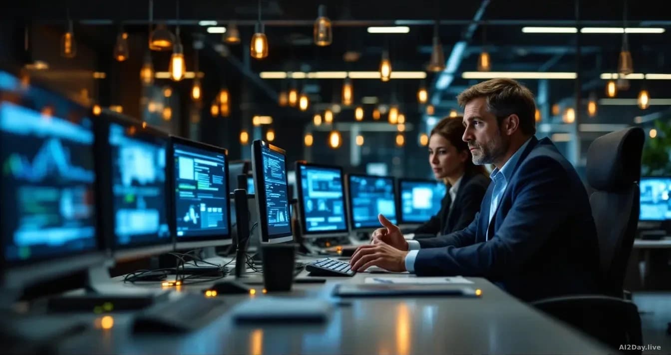 A secure office setting, blurred computer screens, government officials discussing AI oversight, modern technology ambiance