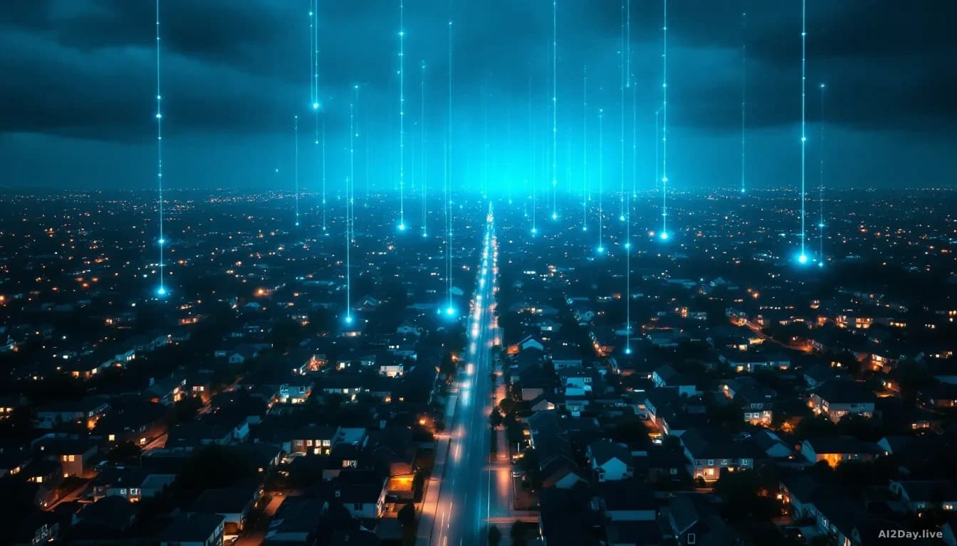 Aerial view, 16:9 framing, photoreal editorial style, a dense suburban neighbourhood at dusk with hundreds of softly glowing house windows, each window subtly e