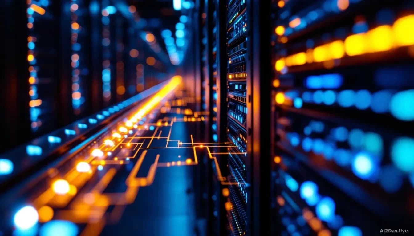 Macro view of a glowing server rack in a dark data centre, with streams of faint amber light tracing automated pathways across rows of blinking hardware, cool b