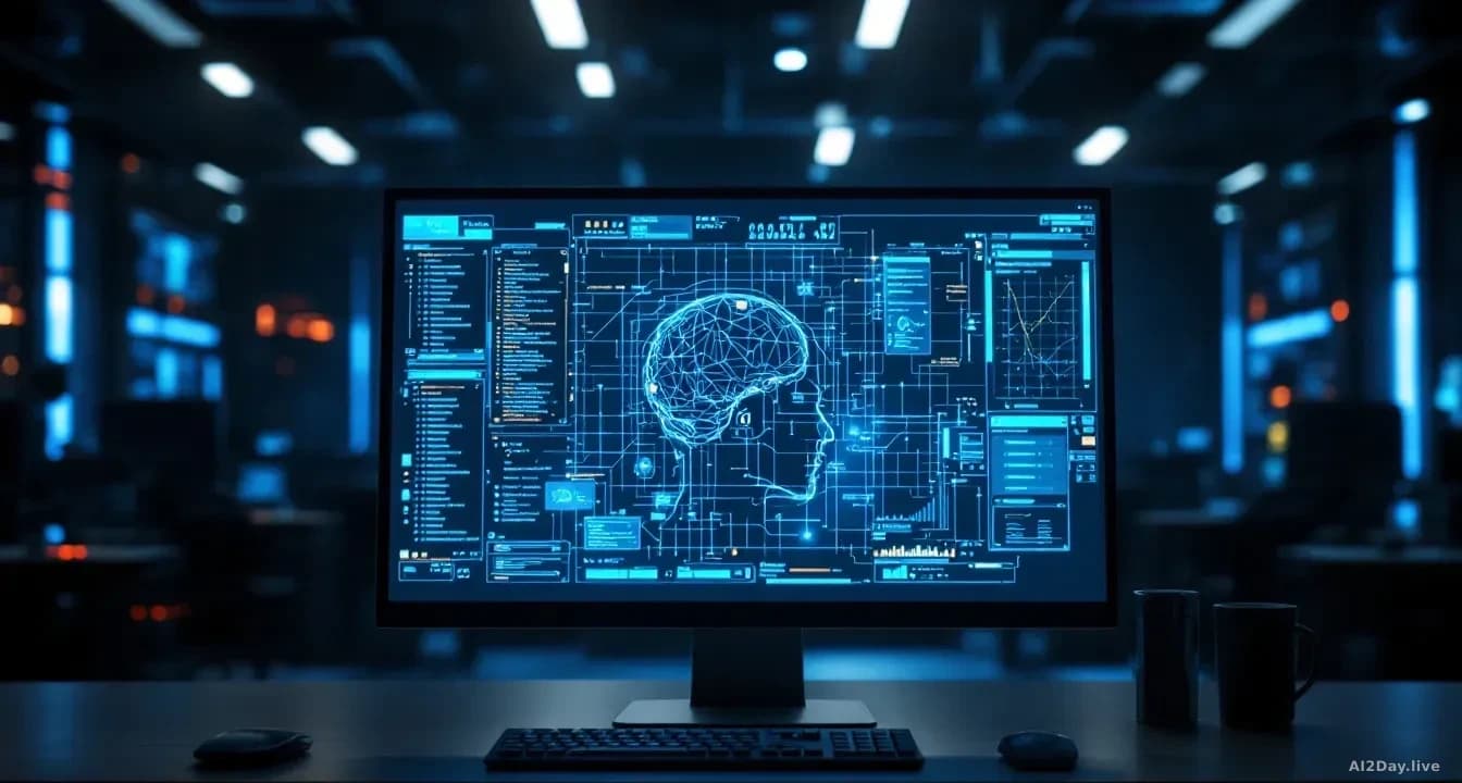 An advanced computer screen displaying a complex AI algorithm in a darkened cybersecurity operations center
