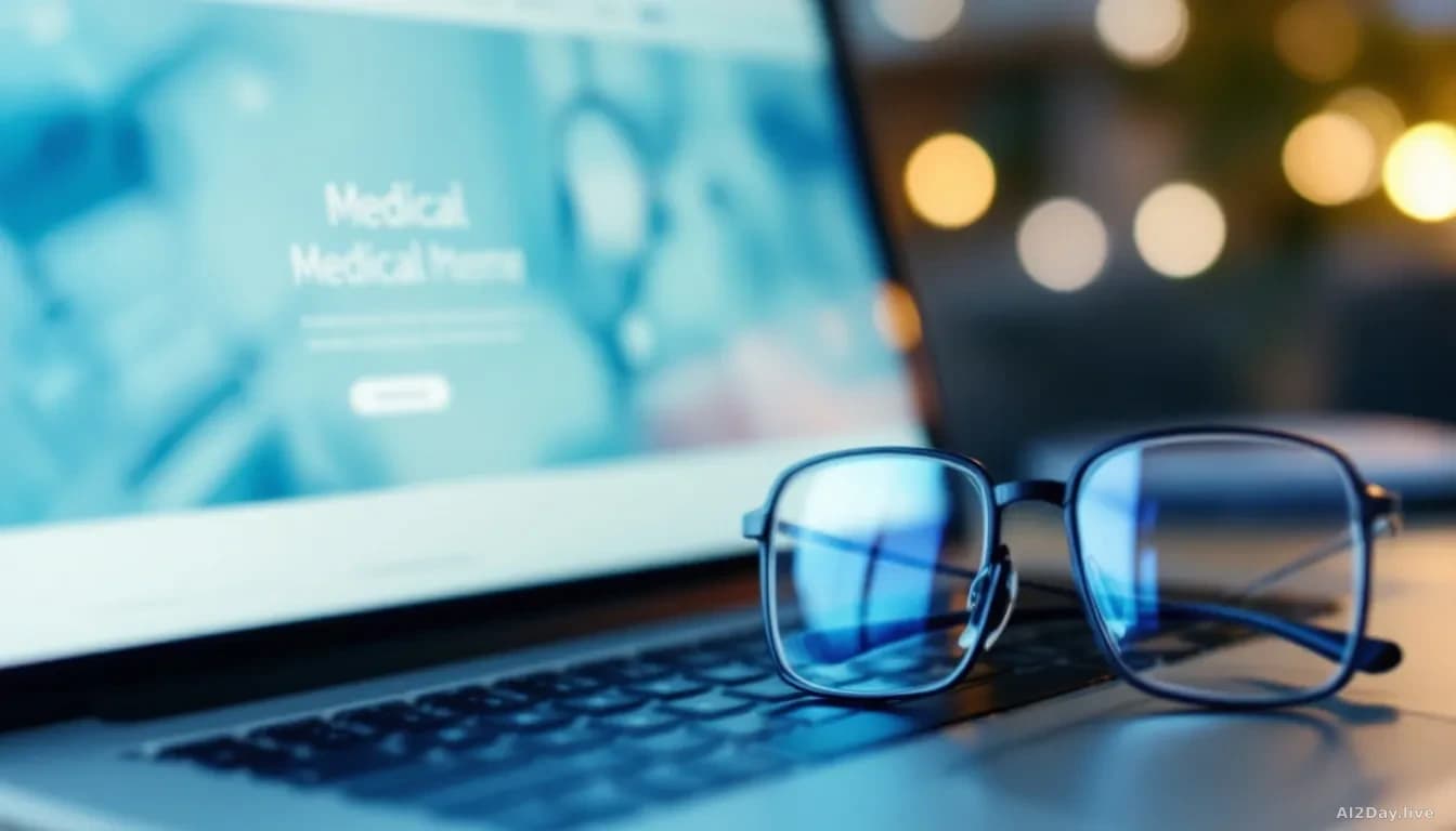 Extreme close-up of a glowing laptop screen displaying a clean, minimal medical website interface, soft blue and white tones, the screen reflected in a pair of 