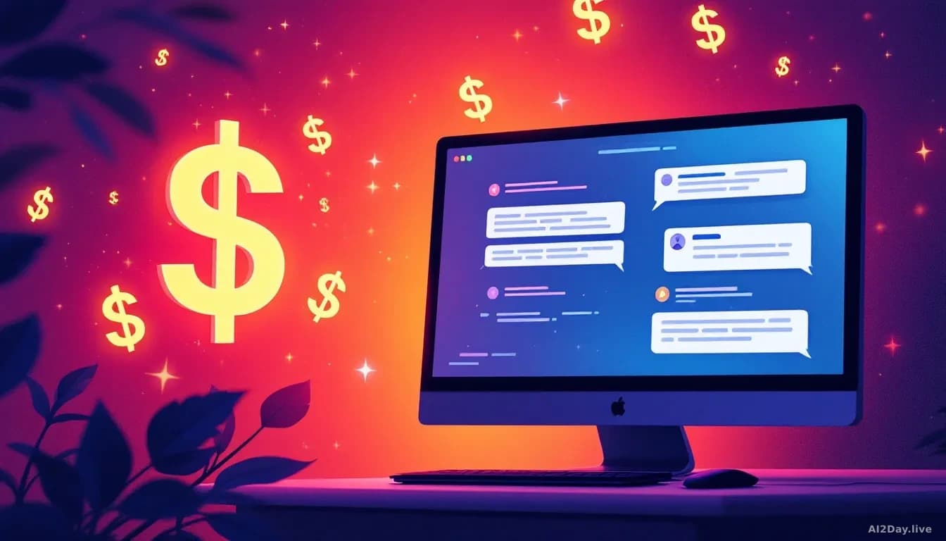 A digital illustration of AI technology being misused for scams, with dollar signs and a computer screen showing fake messages