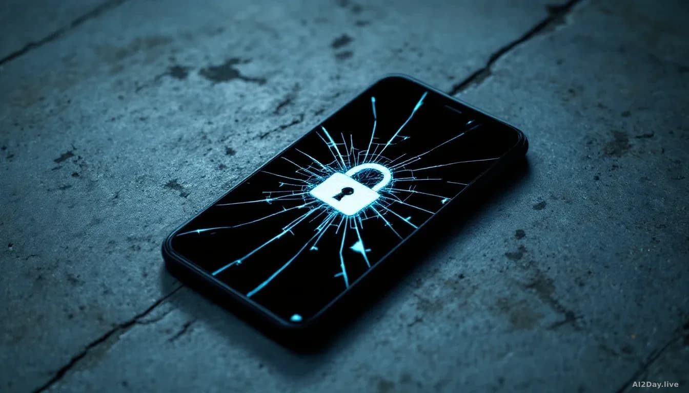 A cracked smartphone screen lying face-up on a cold concrete floor, its display showing a faint padlock icon surrounded by a shattered web of glass fractures, h