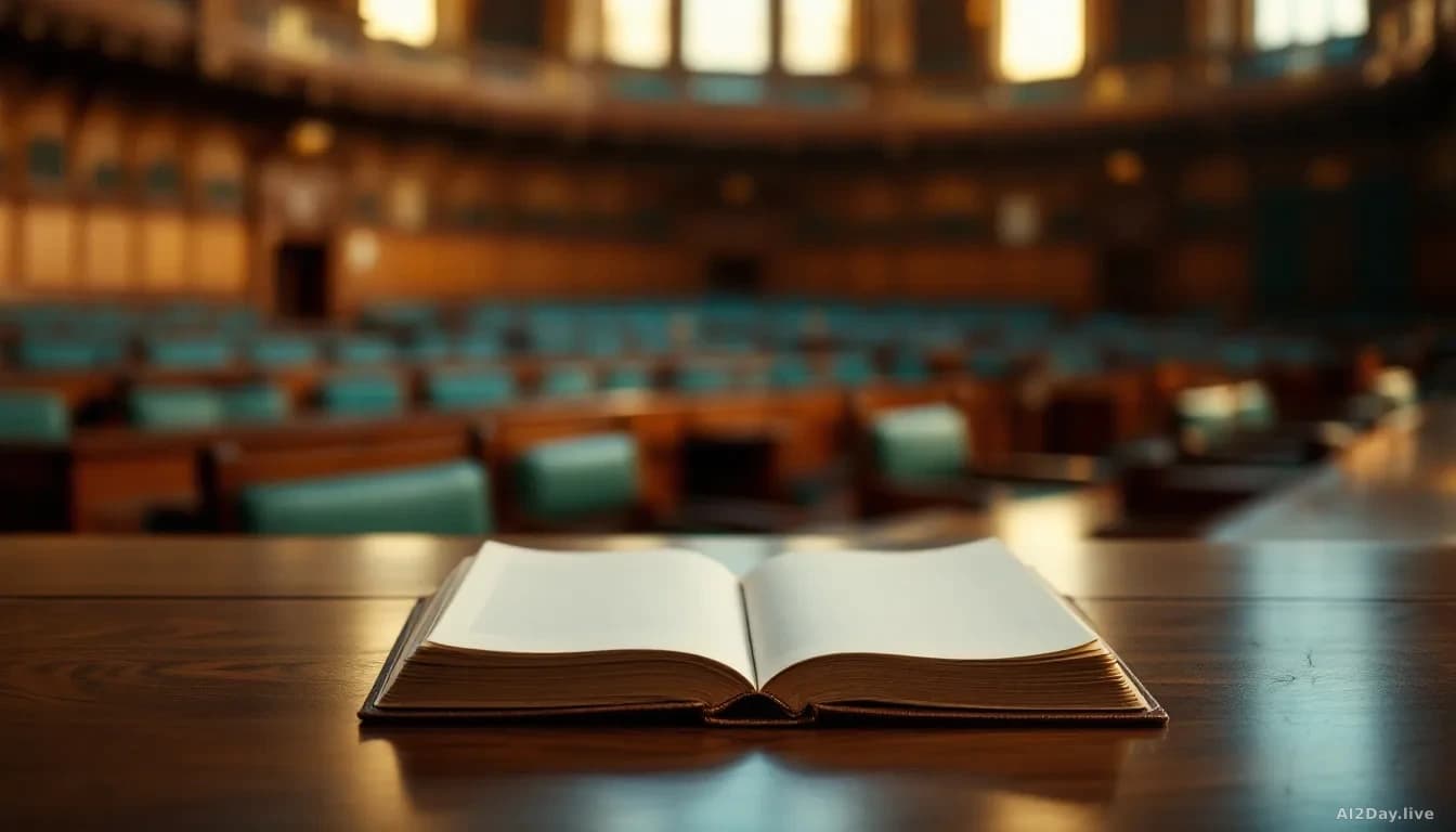 A formal wood-panelled parliamentary chamber interior, empty green leather benches stretching into soft background blur, a single open leather-bound register re