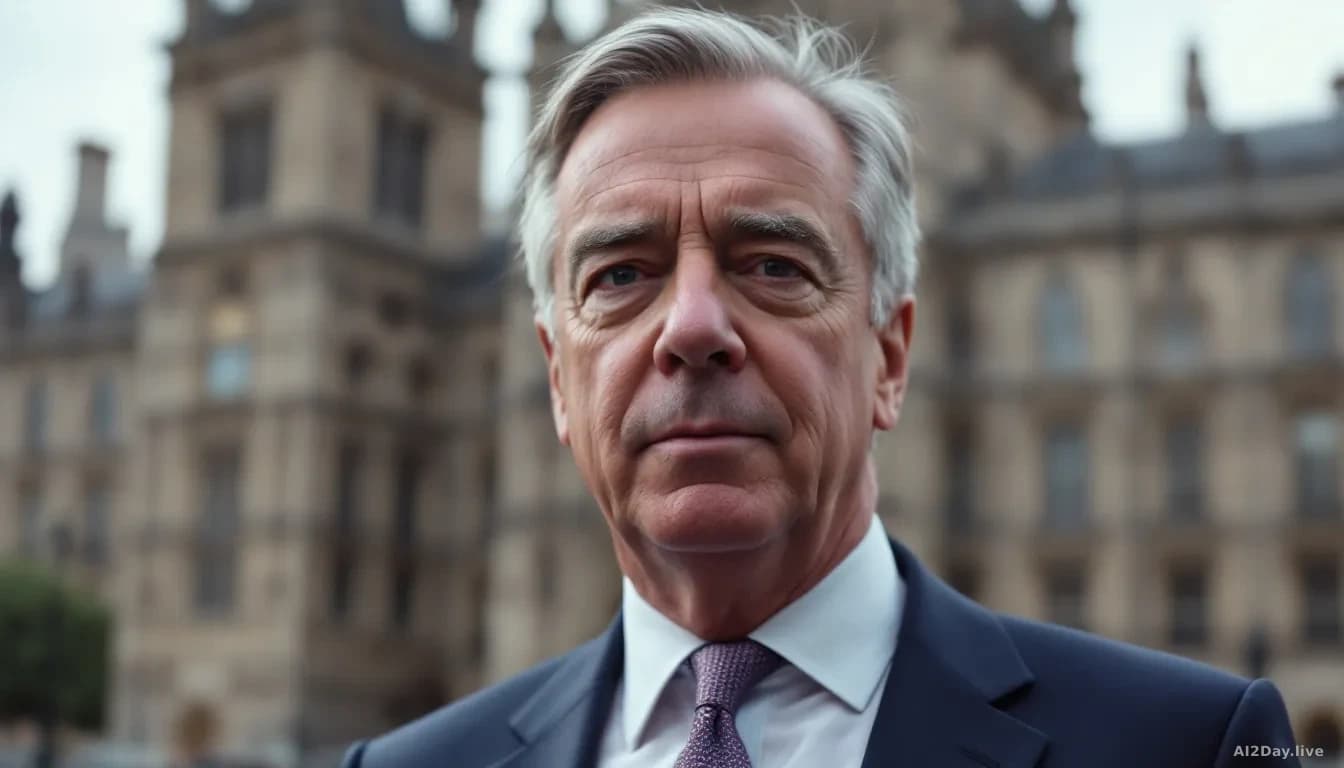 UK politician Nigel Farage at a public event, a backdrop of a UK political building
