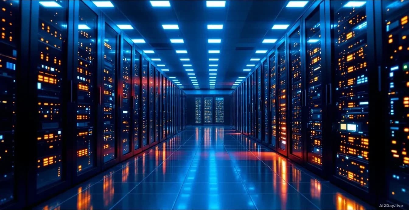 Photoreal news-editorial 16:9 image of a large corporate server room at night, rows of blinking rack-mounted servers casting blue and orange light across a poli
