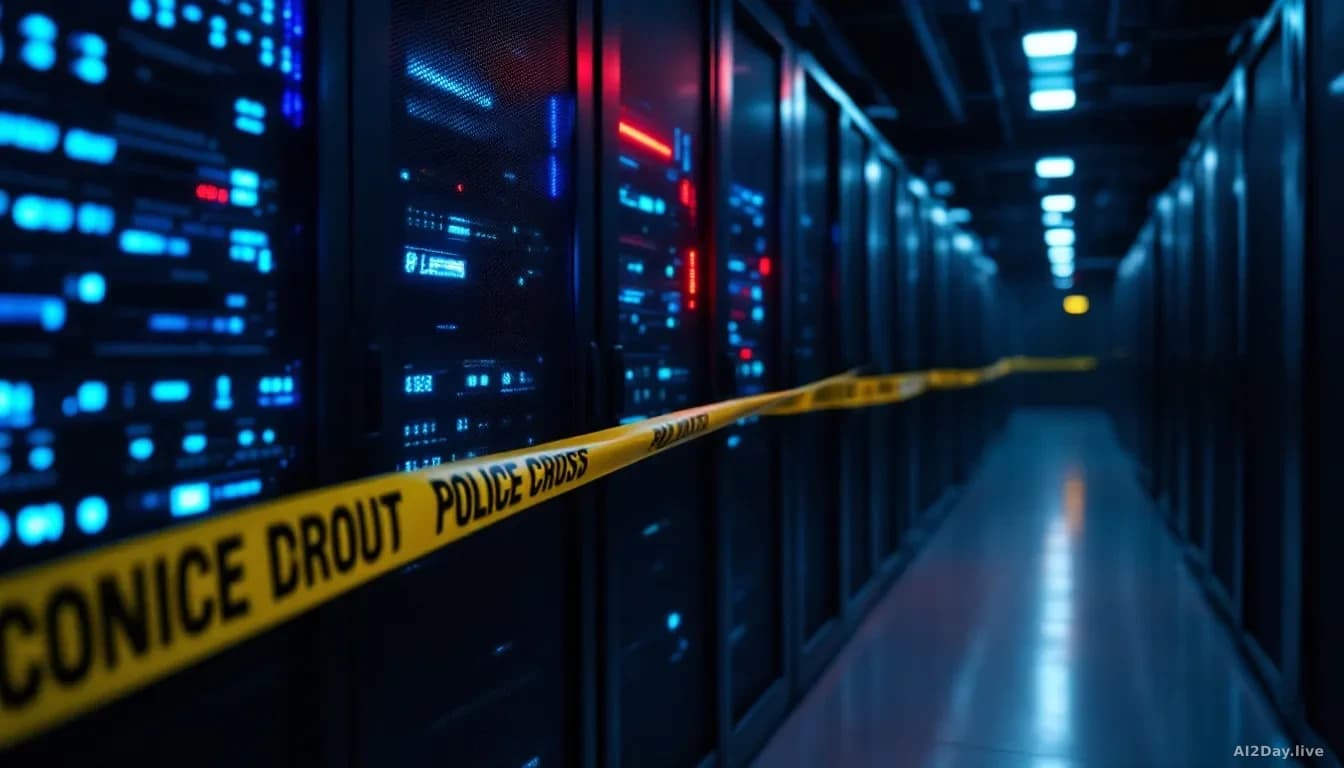 Full-frame edge-to-edge photoreal news-editorial image of a darkened server room with rows of humming rack-mounted servers, one rack cordoned off with yellow po