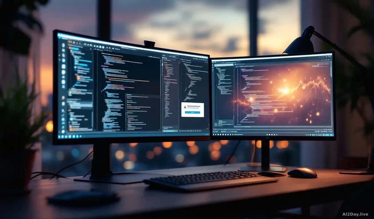 Full-frame photoreal editorial shot of a modern developer workstation at dusk, two large monitors glowing with abstract code editor windows, a small permission 