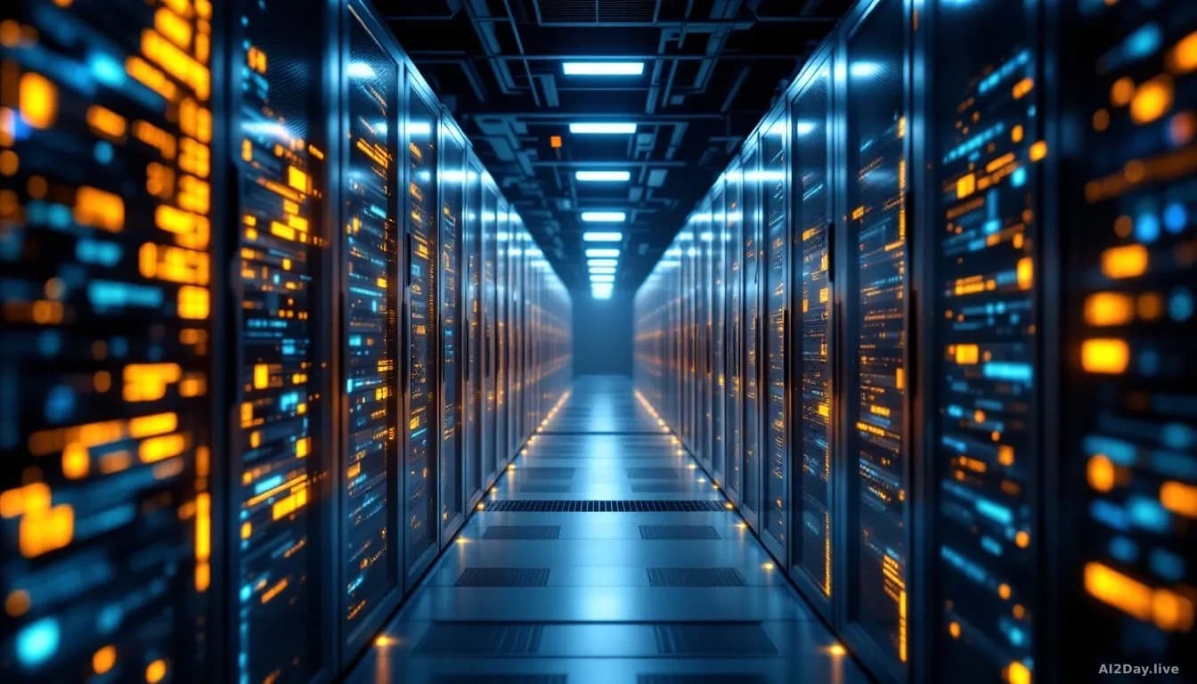 A modern data center with rows of servers and digital data streams flowing between them, representing the concept of data management in cybersecurity