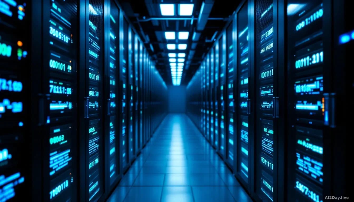 Full-frame edge-to-edge photoreal editorial image of a dimly lit server room with rows of blue-lit racks, one open rack showing a laptop displaying an abstract 