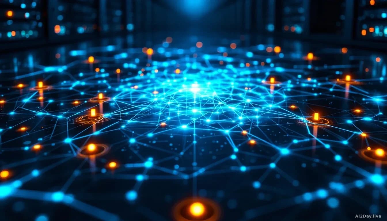 Photoreal news-editorial 16:9 image of a glowing neural-network diagram rendered in deep blue and electric teal floating above a dark server room floor, with fa