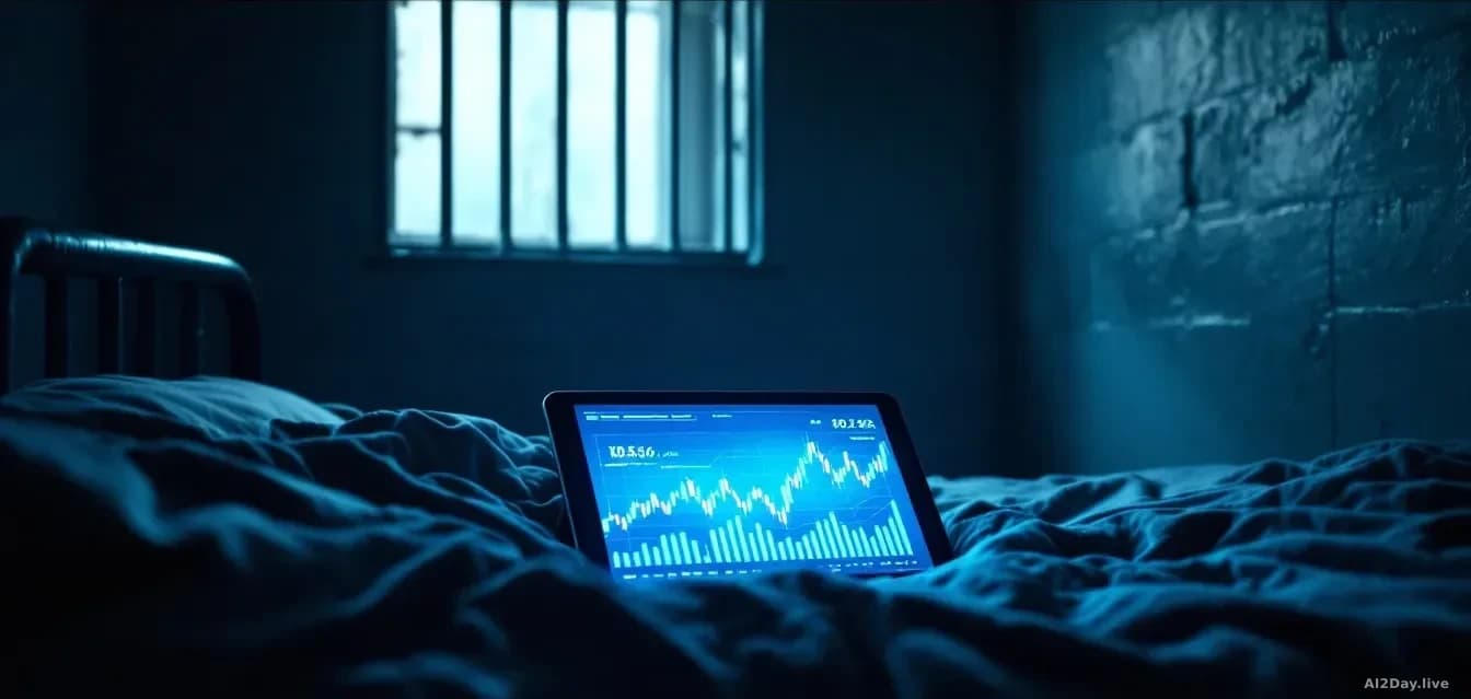 Full-frame photoreal editorial image of a dimly lit prison cell interior with a small barred window casting shadow bars across a metal bunk, a glowing generic t