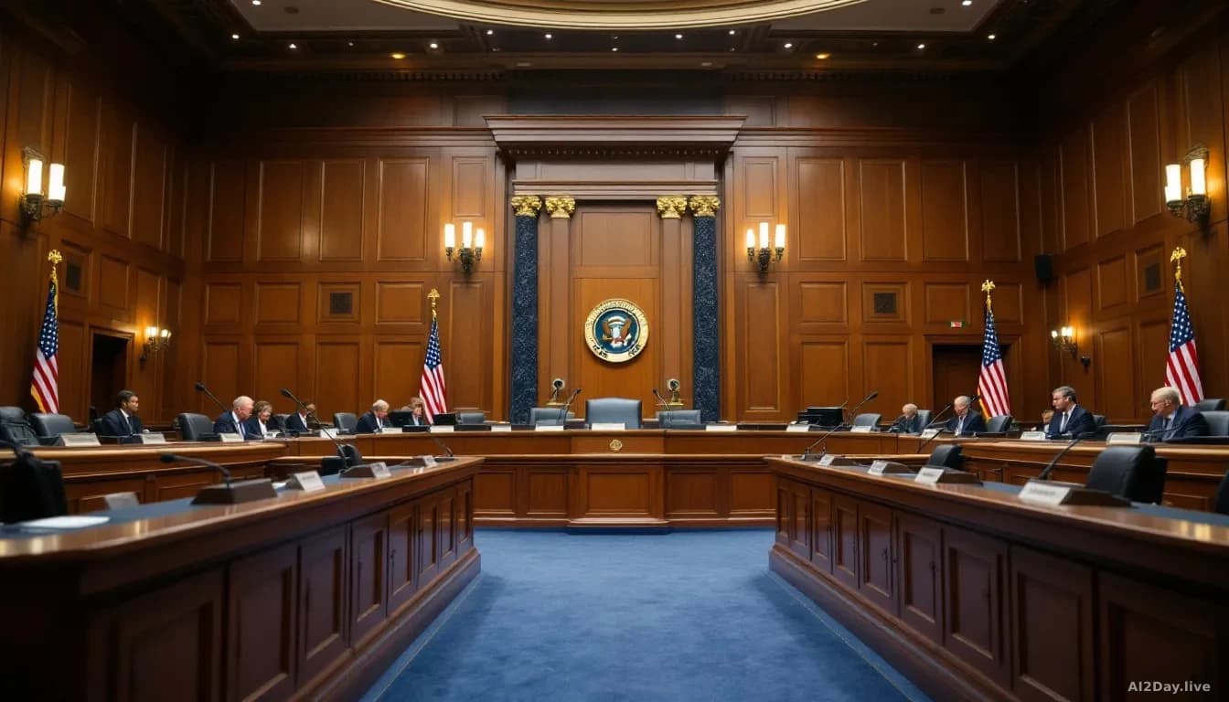 A wide 16:9 editorial photograph of an empty wood-panelled congressional hearing room, rows of microphones on a long curved dais, overhead lights casting a warm
