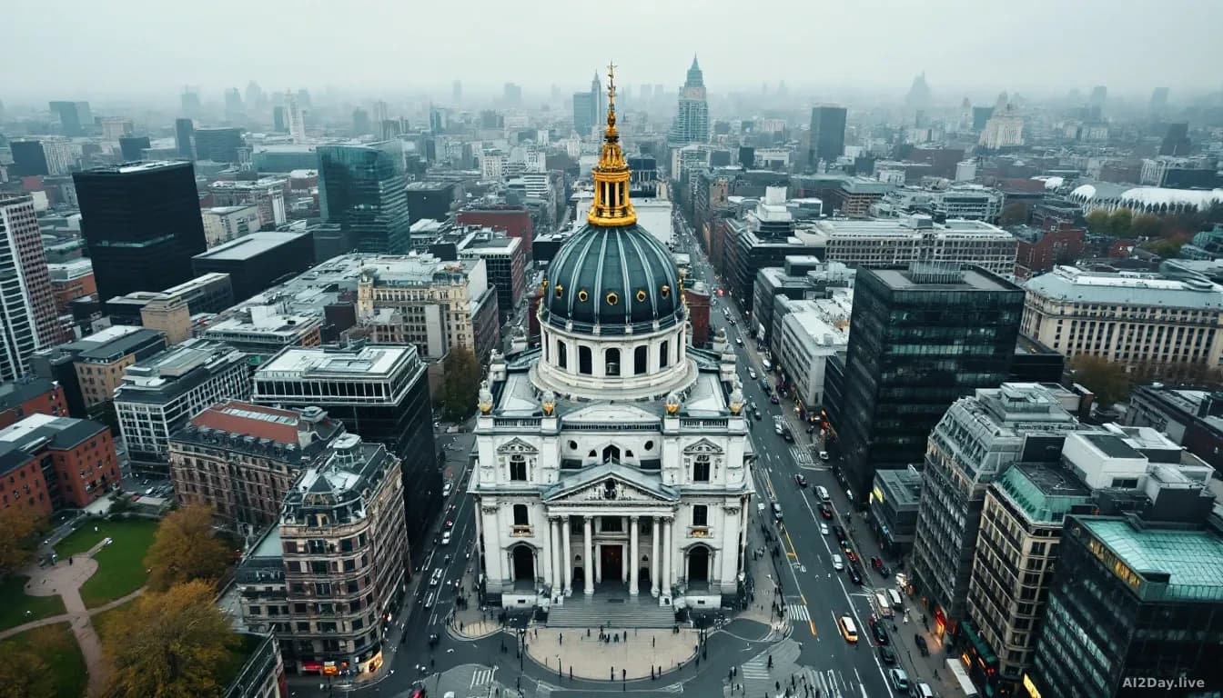 Aerial 16:9 editorial photograph of the Bank of England building in the City of London, shot from directly above at midday, surrounded by dense financial distri