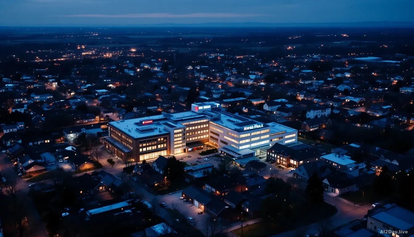 Aerial 16:9 photograph of a small rural town at dusk, with a single brightly lit modern hospital building contrasting against rows of dimly lit older structures
