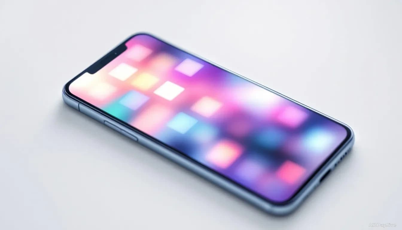 A close-up, top-down view of a smartphone resting on a plain white surface, its screen glowing with a blurred, abstract grid of soft pastel squares suggesting a