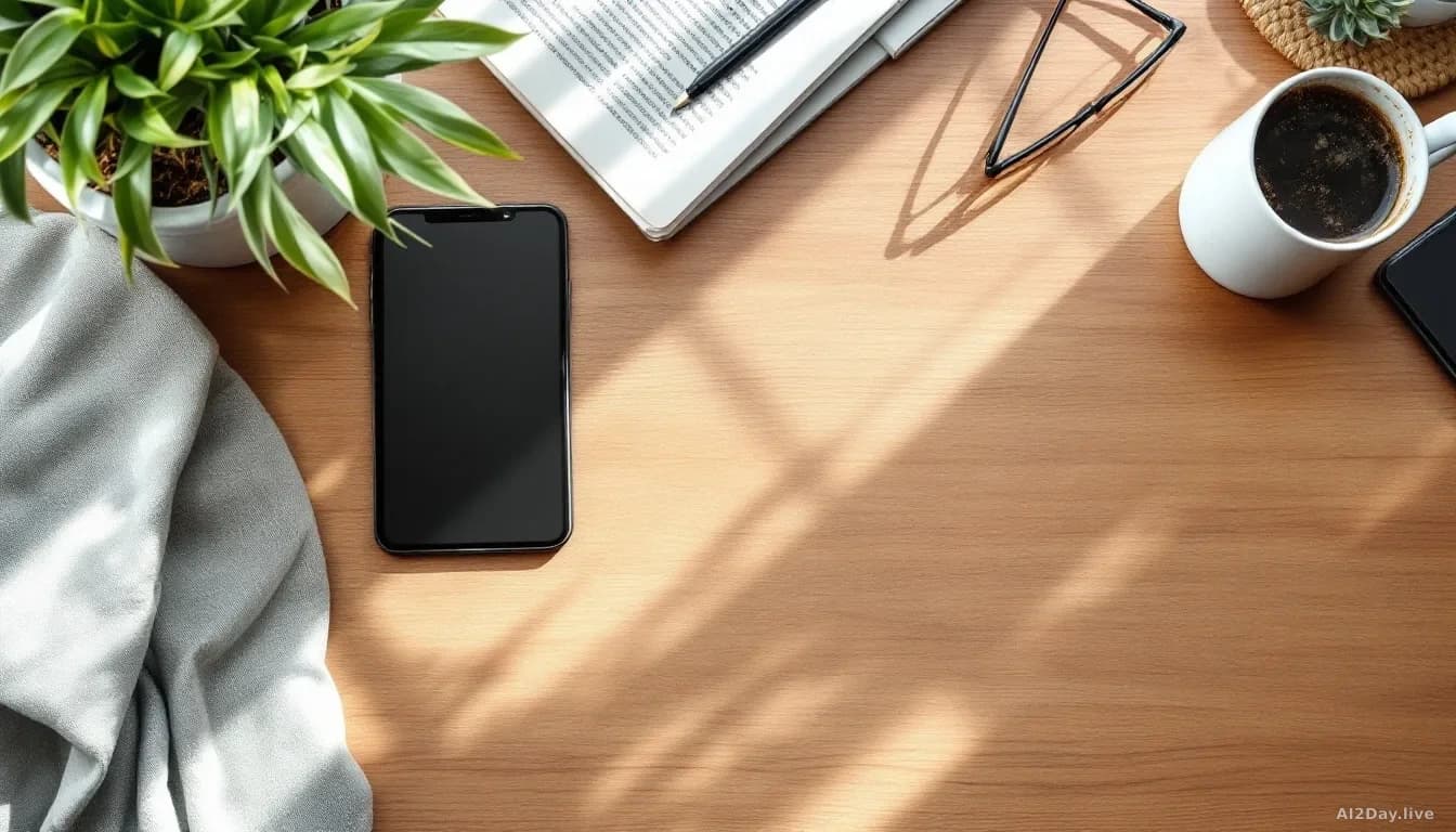 A modern kitchen table viewed from above, 16:9 framing, with a smartphone, a tablet, and a pair of reading glasses resting side by side, soft natural morning li