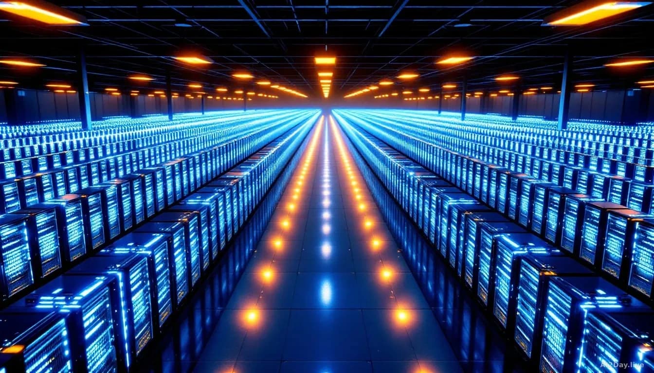 Aerial view looking straight down at a vast warehouse-style server facility, rows of glowing blue and white rack servers stretching to the edges of the frame, w