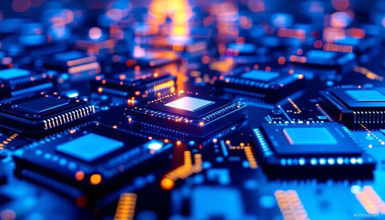 Rows of gleaming silicon memory chips on a dark reflective surface under cool blue-white industrial lighting, macro detail showing circuit patterns, 16:9 framin