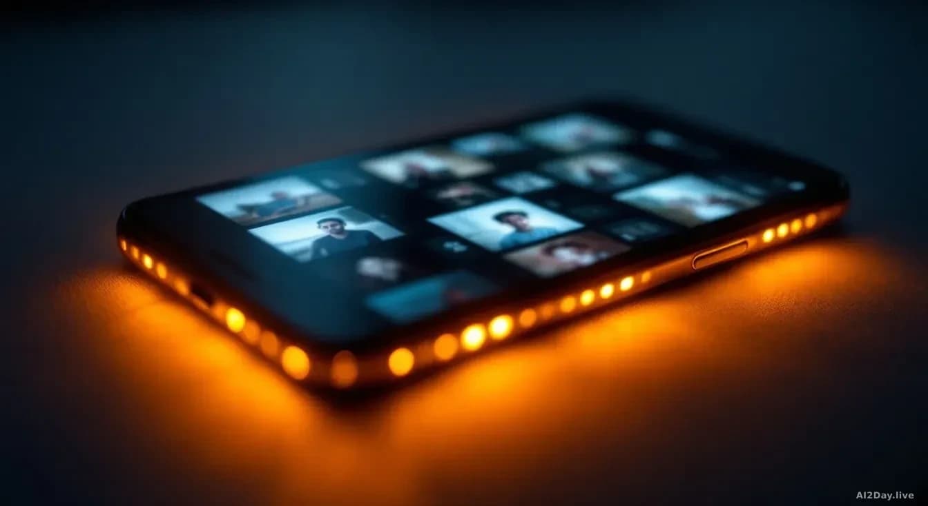 A glowing smartphone screen displaying a grid of blurred, indistinct portrait-shaped photo thumbnails, surrounded by soft warning-amber light, shot from slightl