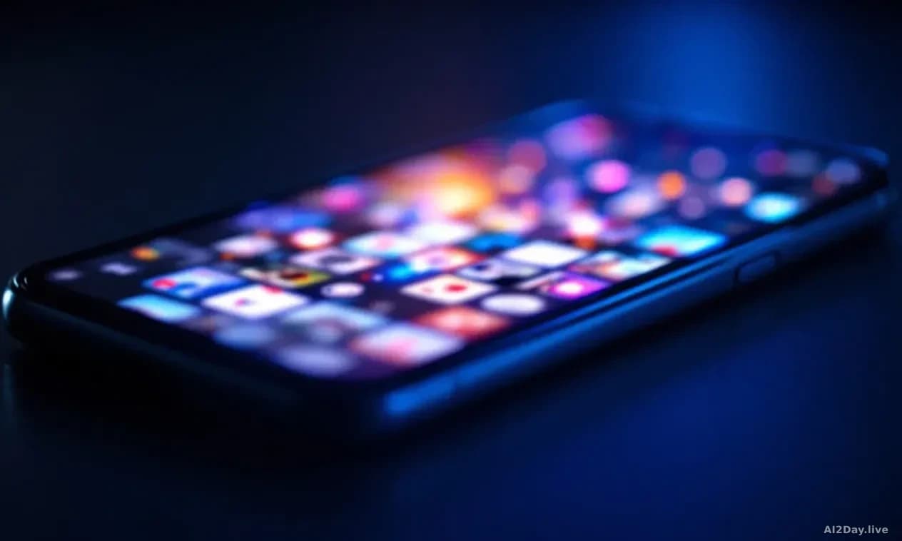 A close-up of a glowing smartphone screen showing an endless vertical stream of colourful video thumbnails fading into the distance, photographed flat on a dark