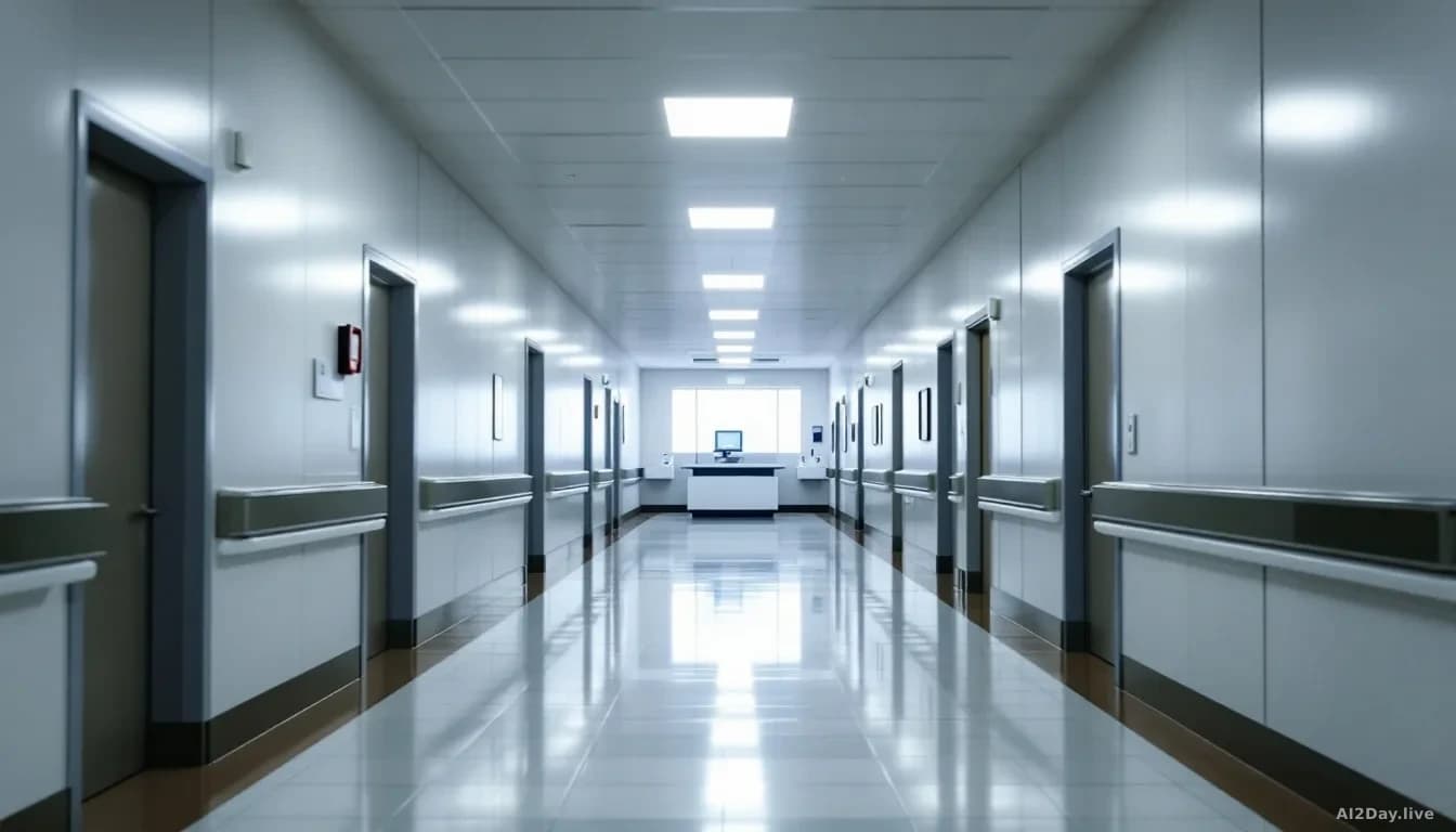 A long, empty hospital corridor with fluorescent overhead lighting casting a cool white glow on polished linoleum floors, a nursing station desk visible in the 