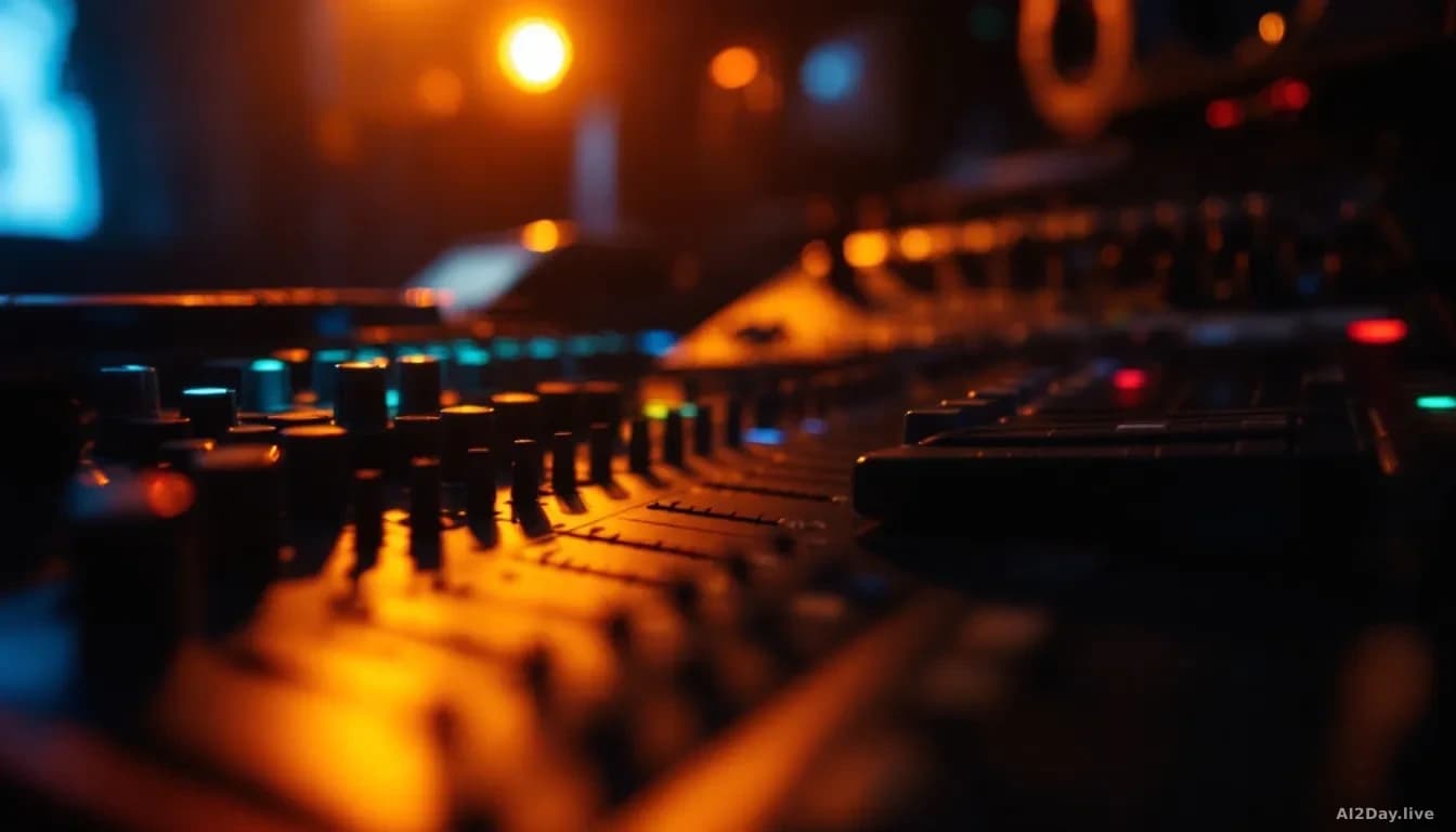 A vintage analogue mixing desk covered in faders and knobs, photographed from a low angle in a dimly lit recording studio, with soft amber and blue light catchi