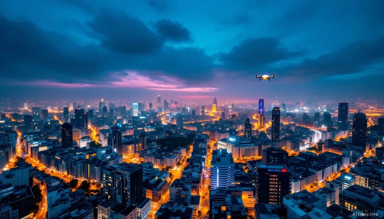Aerial 16:9 editorial photograph looking down on a vast modern Chinese city skyline at dusk, warm amber streetlights below a deep blue sky, a small white commer