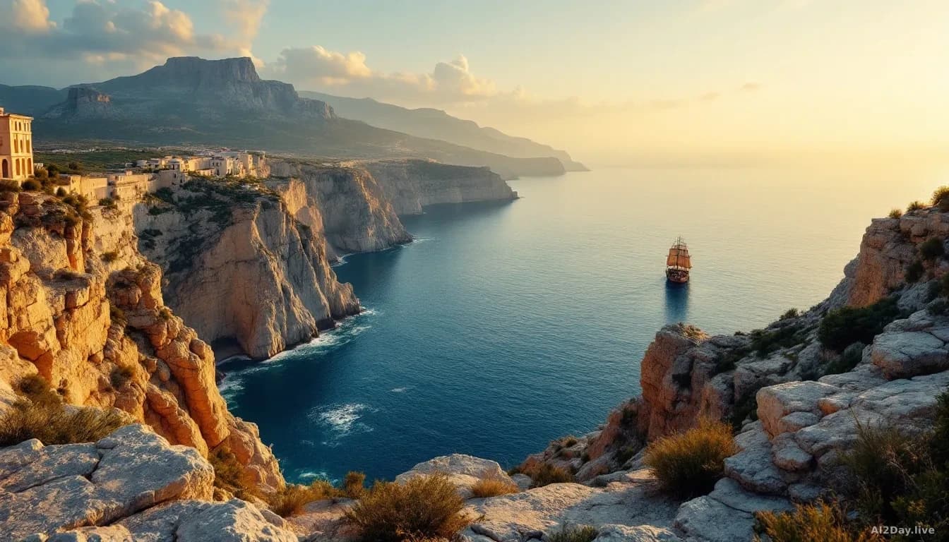 A vast ancient Greek coastal landscape at golden hour, dramatic limestone cliffs meeting a deep blue Mediterranean sea, a single weathered wooden ship visible o