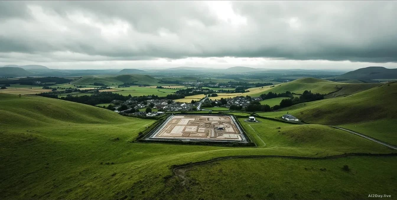 Aerial 16:9 photograph of a vast, empty rural Scottish landscape with rolling green hills and overcast skies, a cleared flat construction site visible in the mi