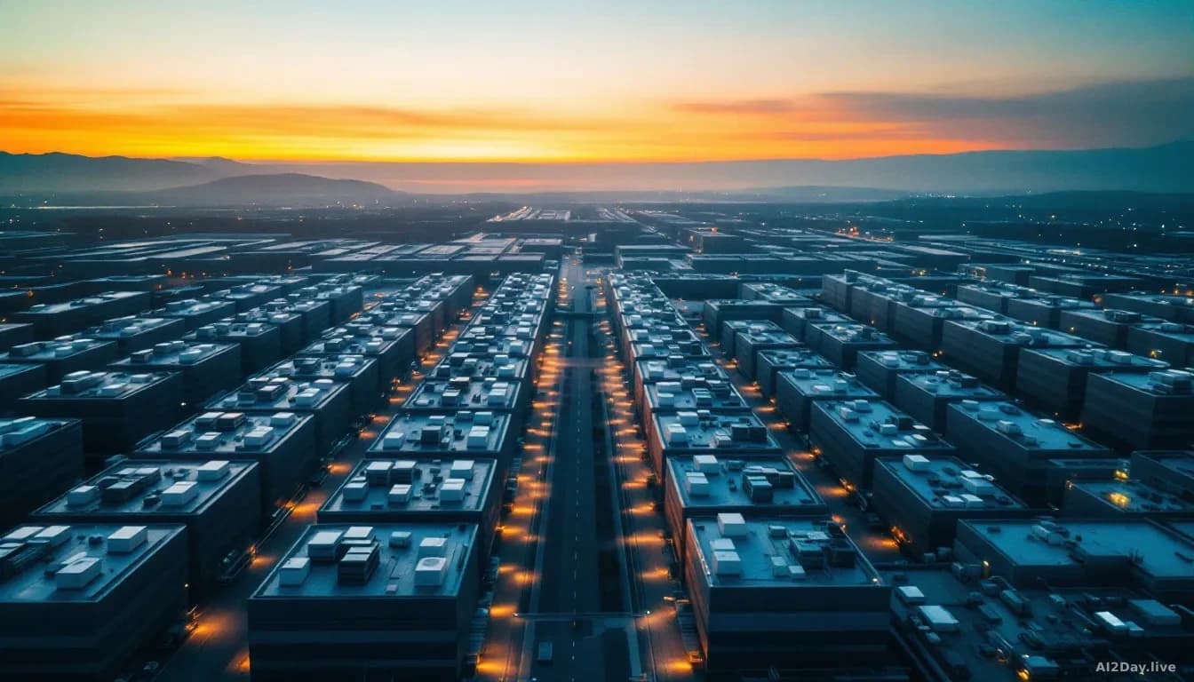Aerial view from directly above a vast data centre campus at dusk, rows of grey rectangular server buildings with white cooling units on rooftops, surrounded by