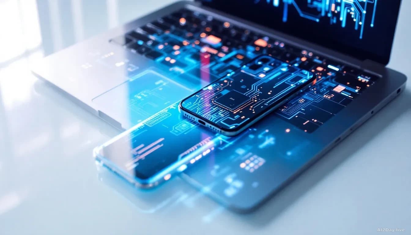 A polished aluminium MacBook and iPhone lying on a clean white table, with abstract glowing circuit-board patterns reflected across their surfaces, shot in shar
