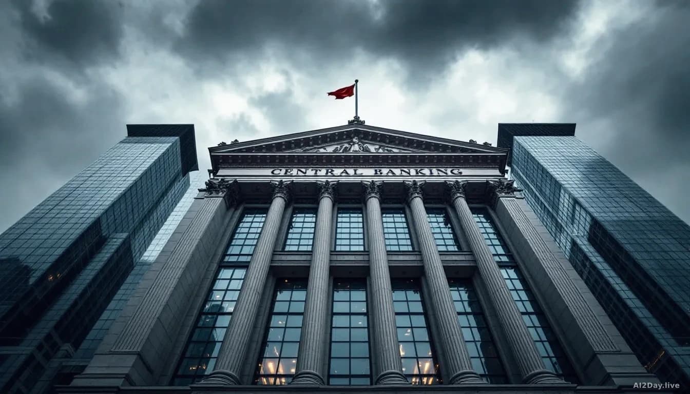 A grand neoclassical stone building facade, the kind associated with central banking, photographed from a low angle looking upward, with dramatic overcast sky a