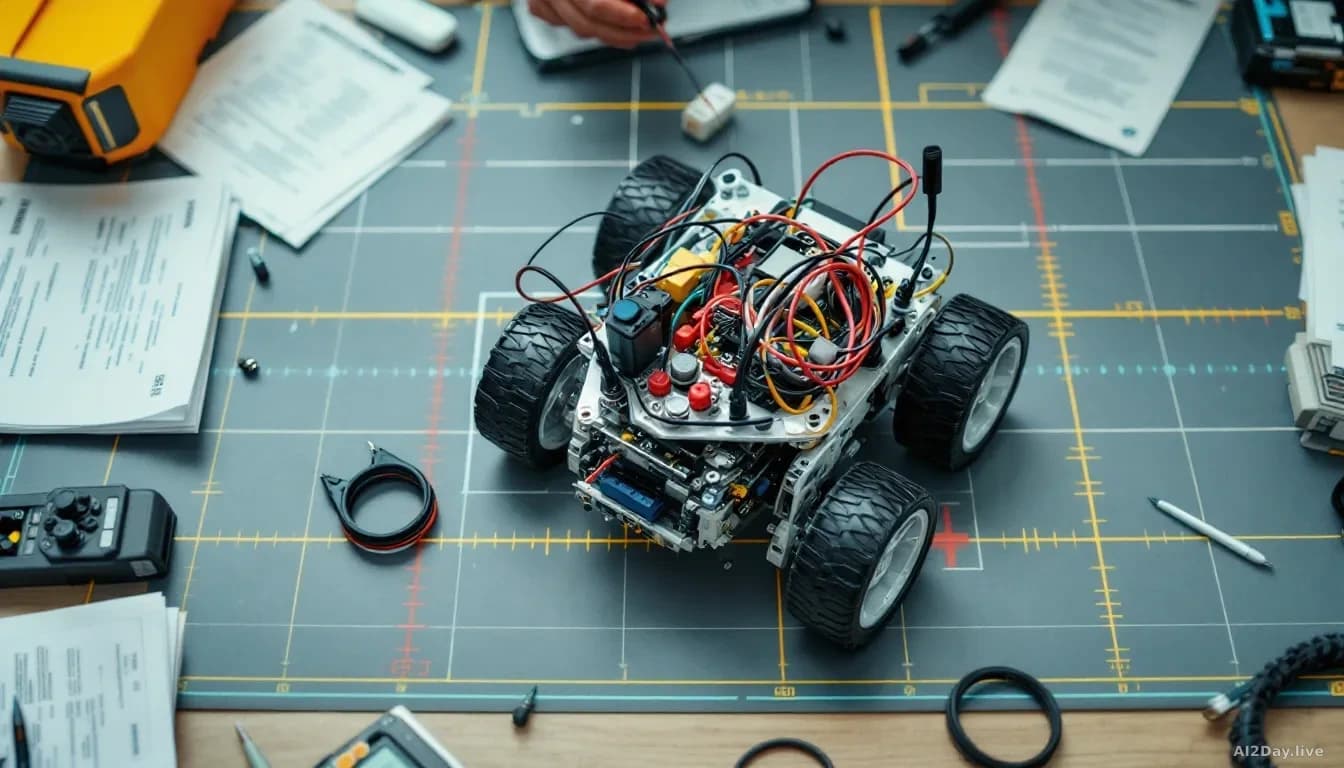 A close-up overhead shot of a small wheeled robot built from standardised components sitting on a flat competition mat with coloured grid markings, surrounded b