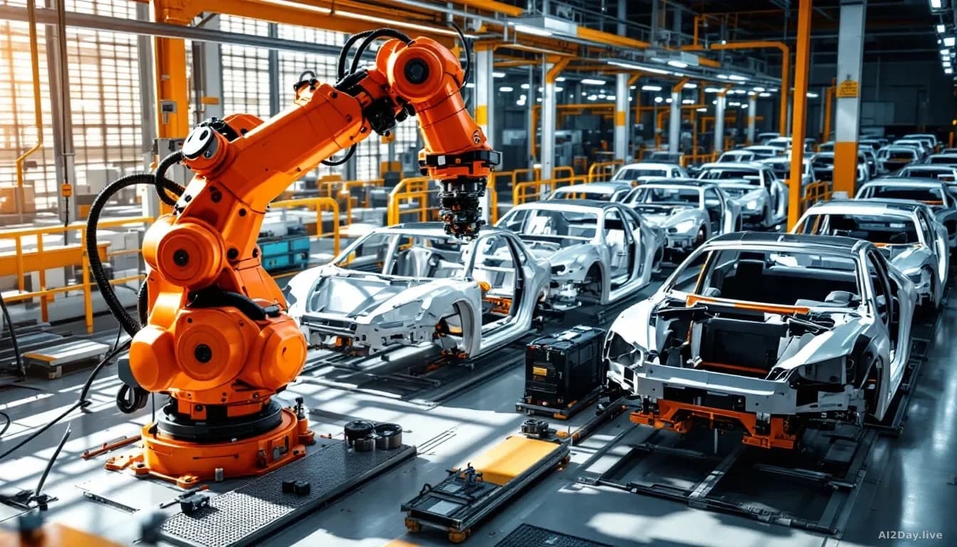A large orange industrial robotic arm on a modern automotive assembly line, photographed from floor level looking up, with bright factory lighting casting sharp