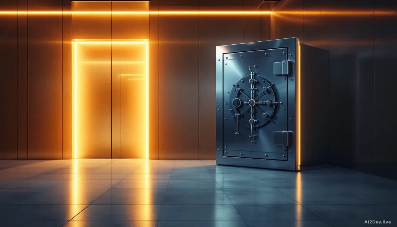 A heavy steel vault door standing ajar in a sleek, minimalist modern office corridor, warm light spilling from inside onto a polished concrete floor, photoreal 