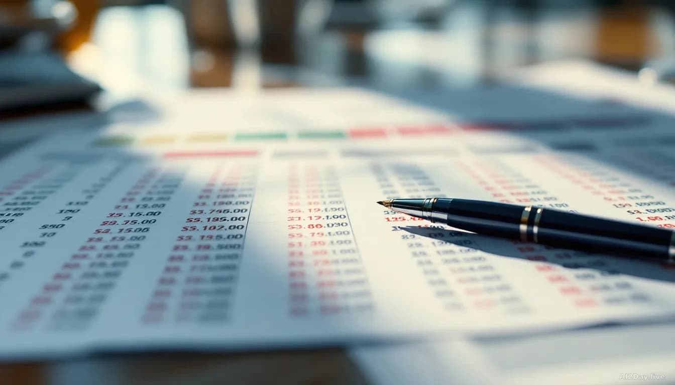 A close-up, news-editorial photograph of a large printed spreadsheet covered in red negative numbers and cost figures, lying on a polished boardroom table