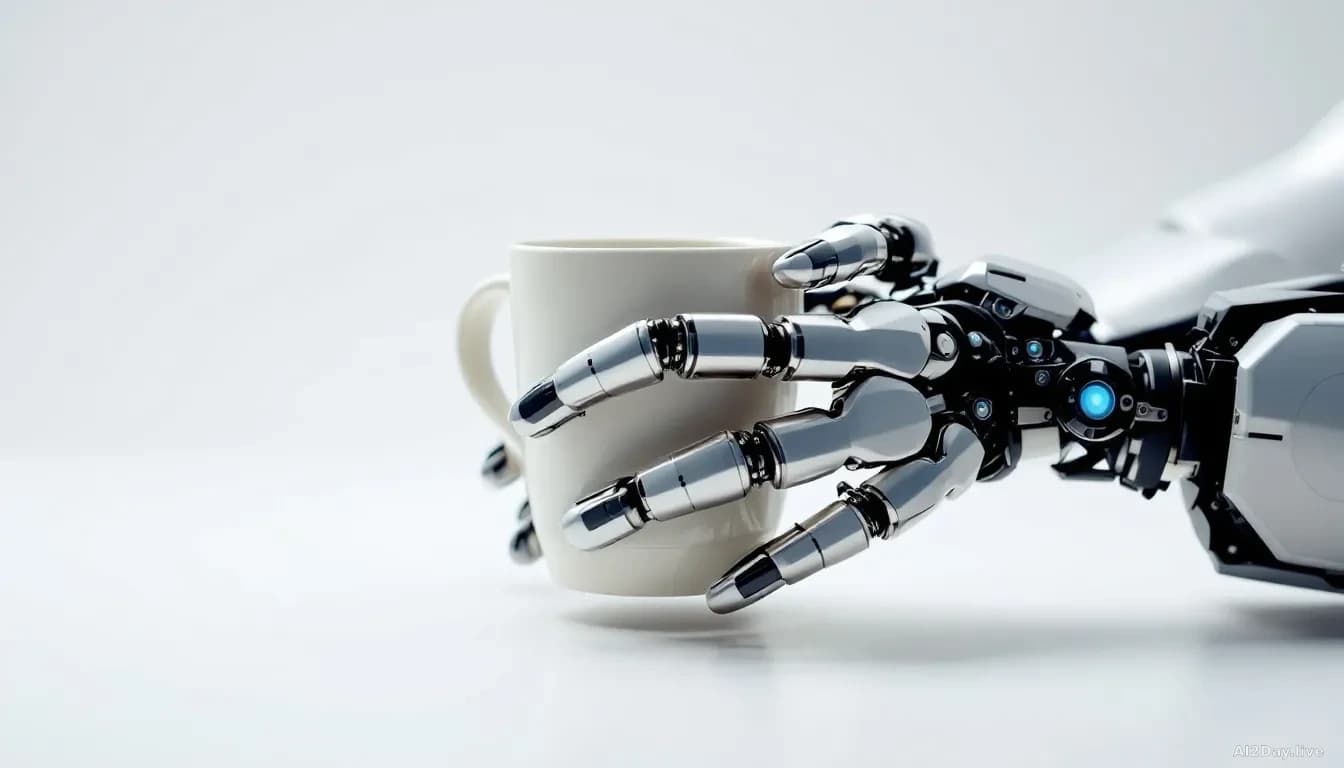 Close-up editorial photograph of a pair of mechanical robotic gripper hands delicately holding a small household object such as a ceramic mug on a plain white t
