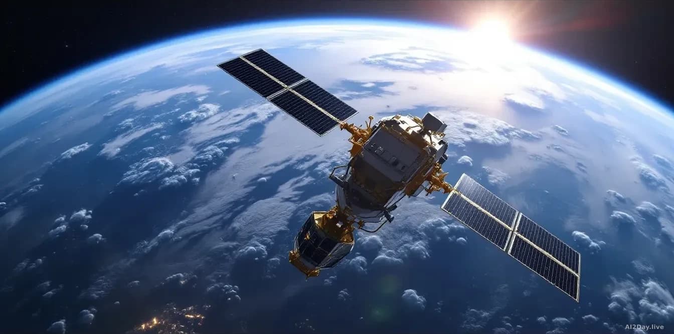 A single large communications satellite with solar panels extended, floating above the curved blue-and-white arc of Earth's atmosphere, lit by hard sunlight aga
