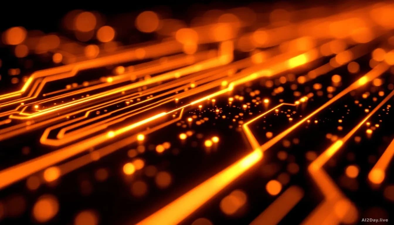 Macro photograph of glowing amber light pulses travelling along the surface of a translucent circuit board, seen from directly above at a slight angle, deep bla