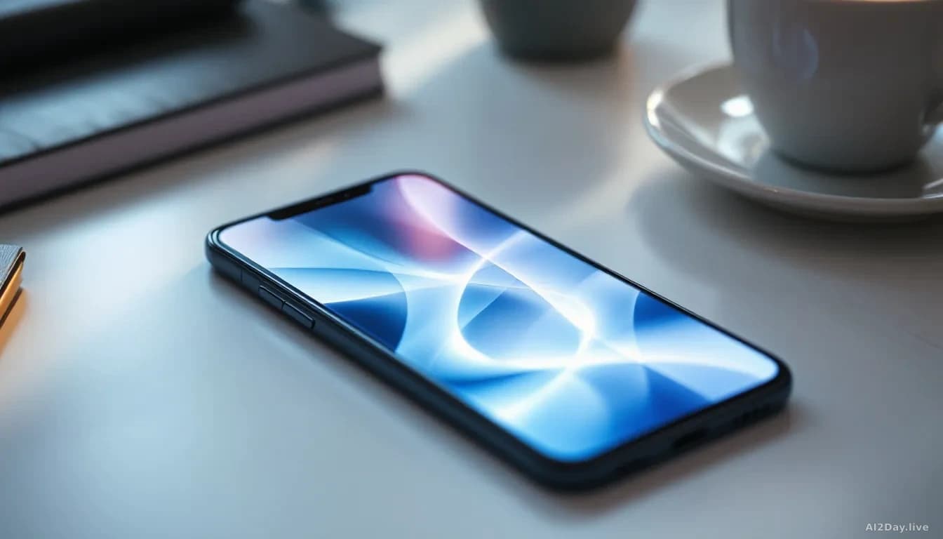 A close-up of a modern smartphone lying flat on a clean white surface, its screen glowing with a soft abstract blue and white conversational interface, no reada