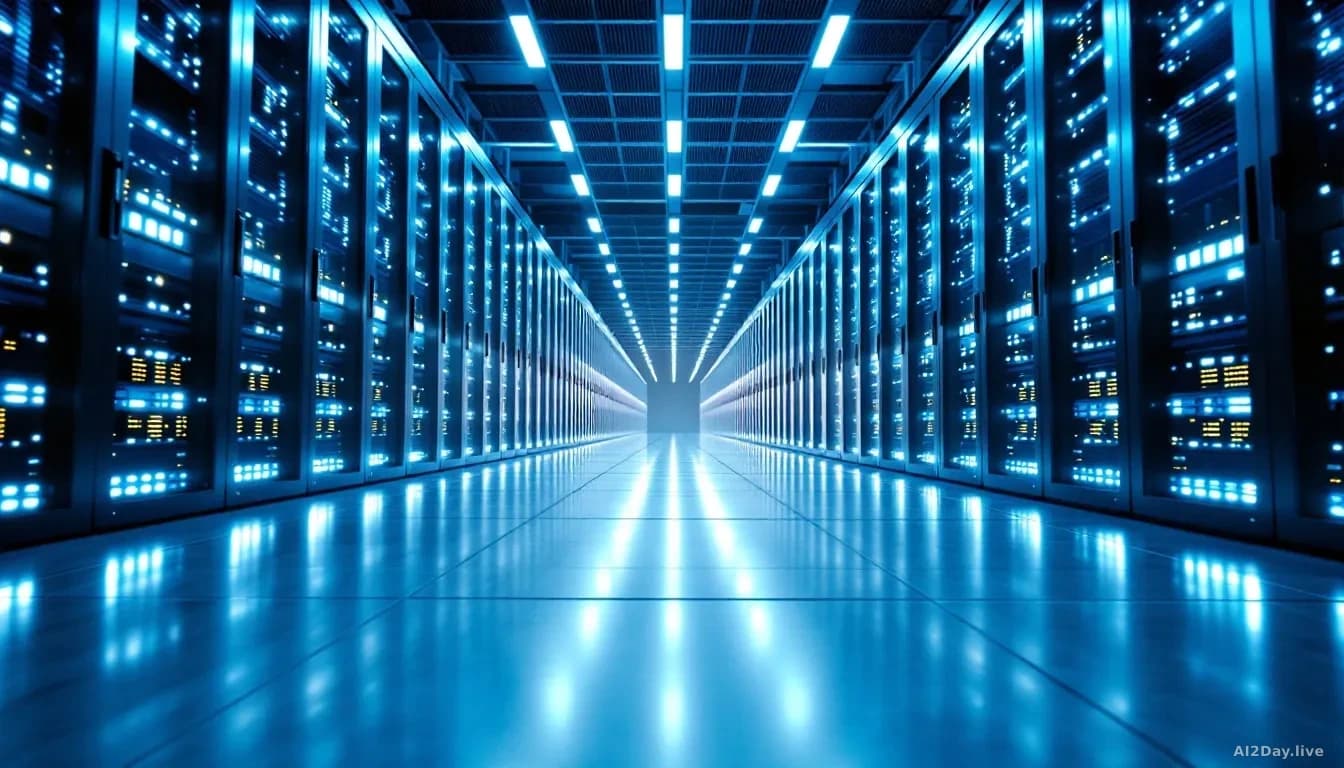 A vast, brightly lit data centre floor photographed from a low angle, rows of glowing server racks receding into the distance, cool blue and white light reflect