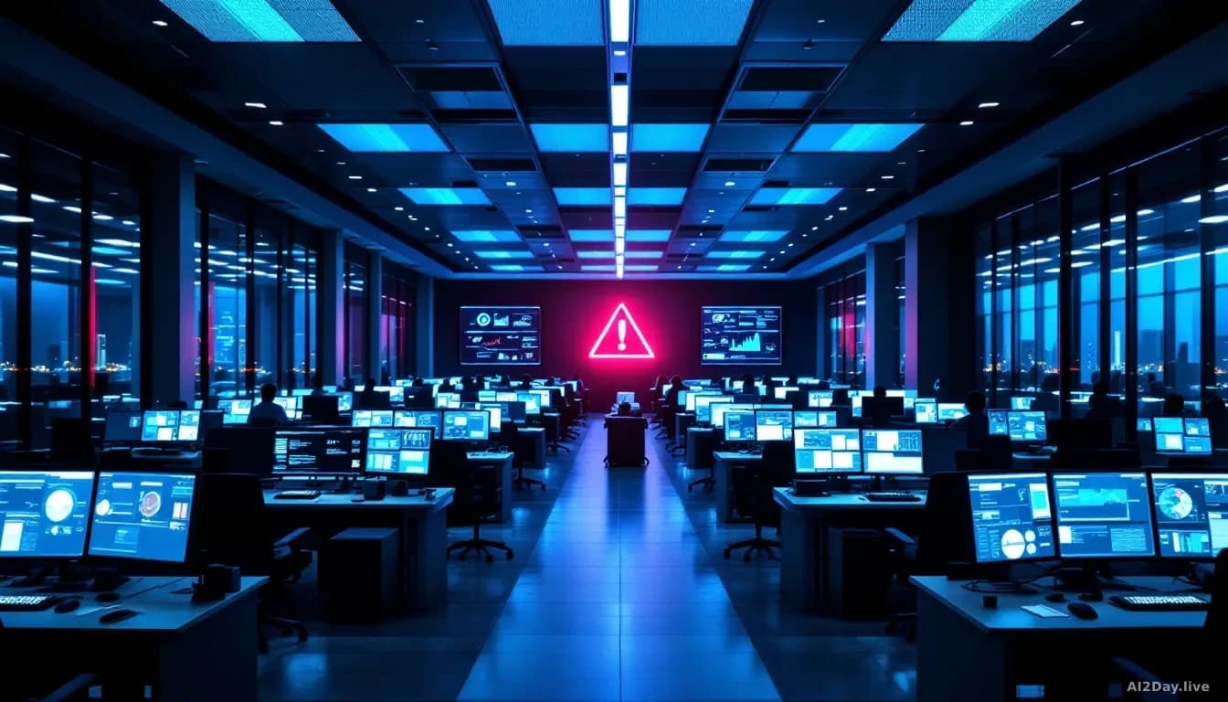 A large modern open-plan corporate office at night, rows of glowing monitors displaying dense spreadsheets and dashboards, one screen showing a bright red warni