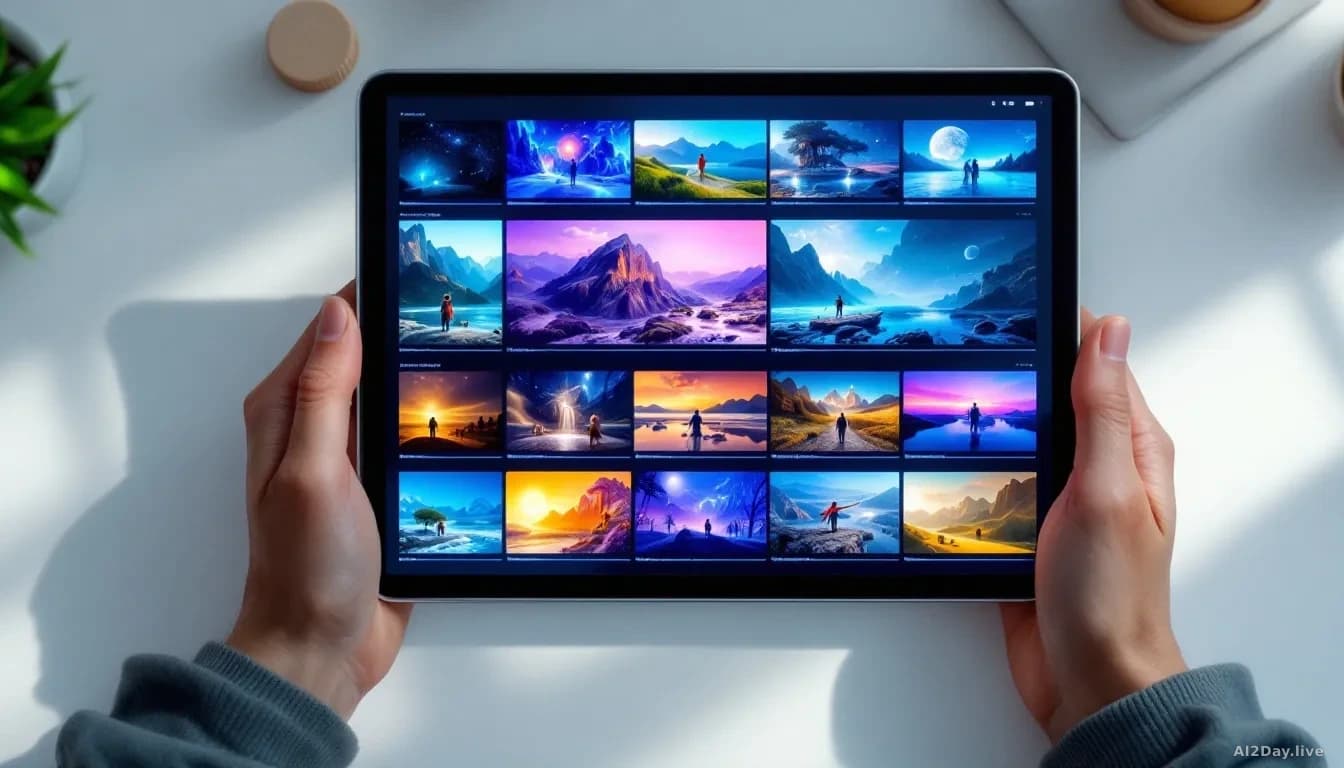A close-up top-down view of a glowing tablet screen displaying a grid of vivid, colourful video thumbnail frames in various stages of rendering, set on a clean 