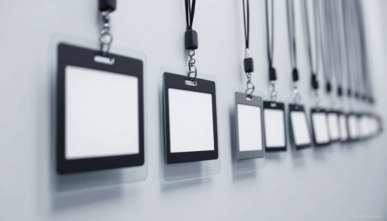 A row of identical plain name-badge lanyards hanging on a clean white wall, each badge blank, shot from a low angle in sharp editorial light, 16:9 framing, phot