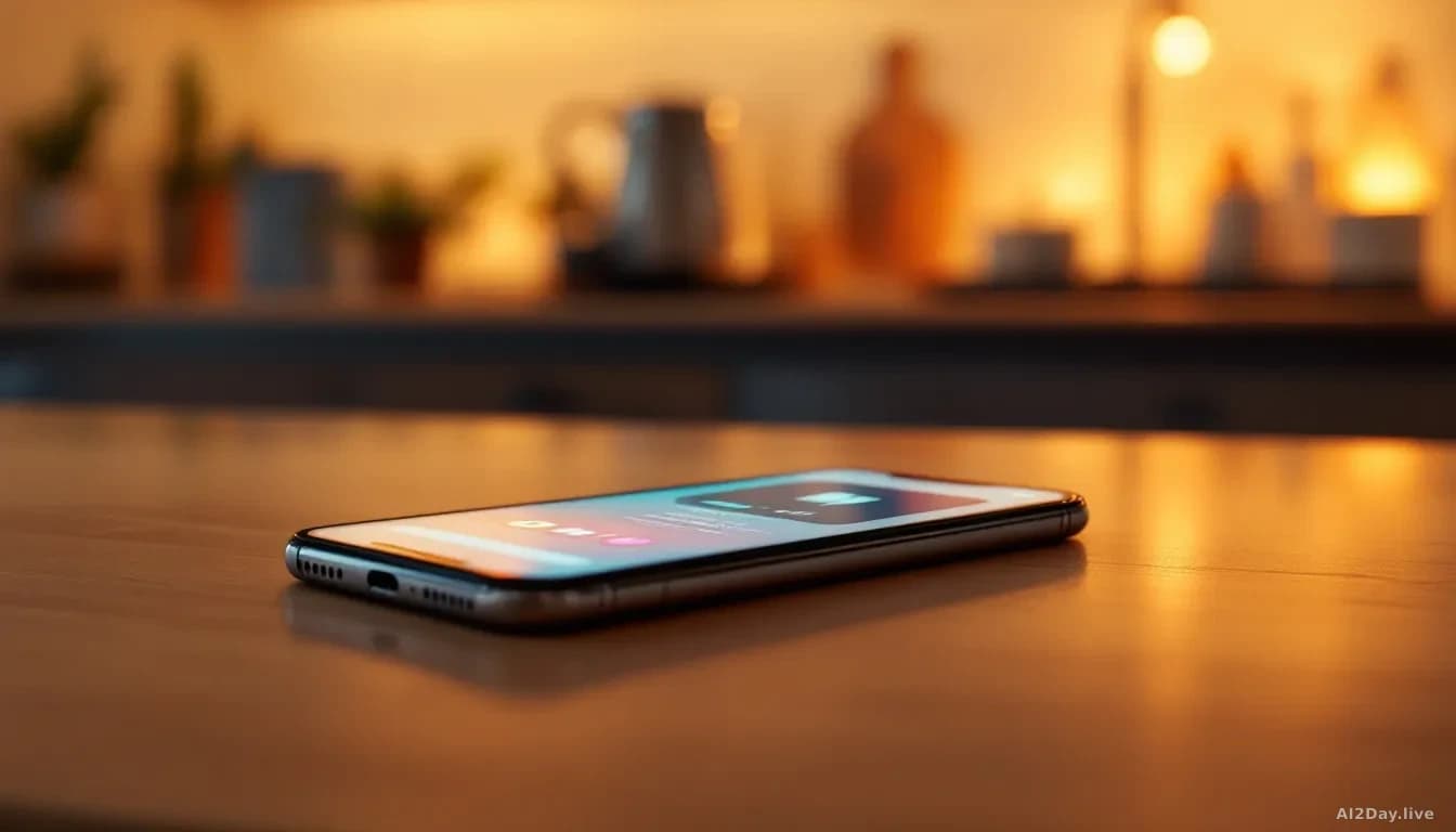 A modern smartphone lying on a wooden kitchen counter, screen glowing with a clean music app interface showing a chat conversation bubble and audio waveforms, w